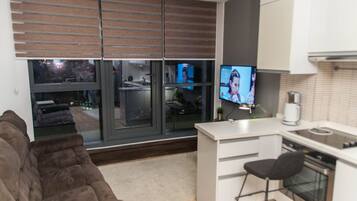 Apartment, 1 Bedroom | Private kitchenette | Full-size fridge, stovetop, electric kettle, cookware/dishes/utensils