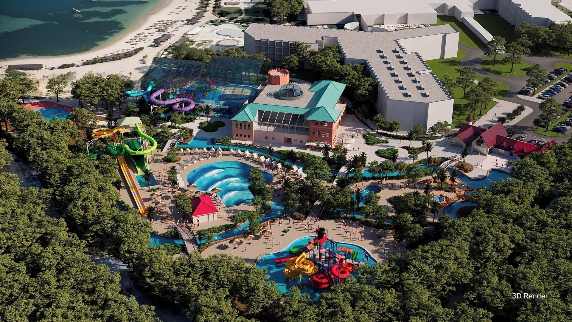 An aerial view of a resort with multiple swimming pools, water slides, and a beach area.