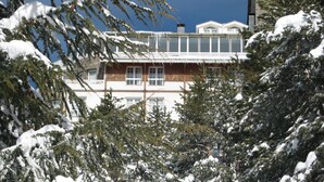 A building with a white facade and multiple windows, surrounded by snow-covered trees. - Hotel Reino Nevado (Monachil)