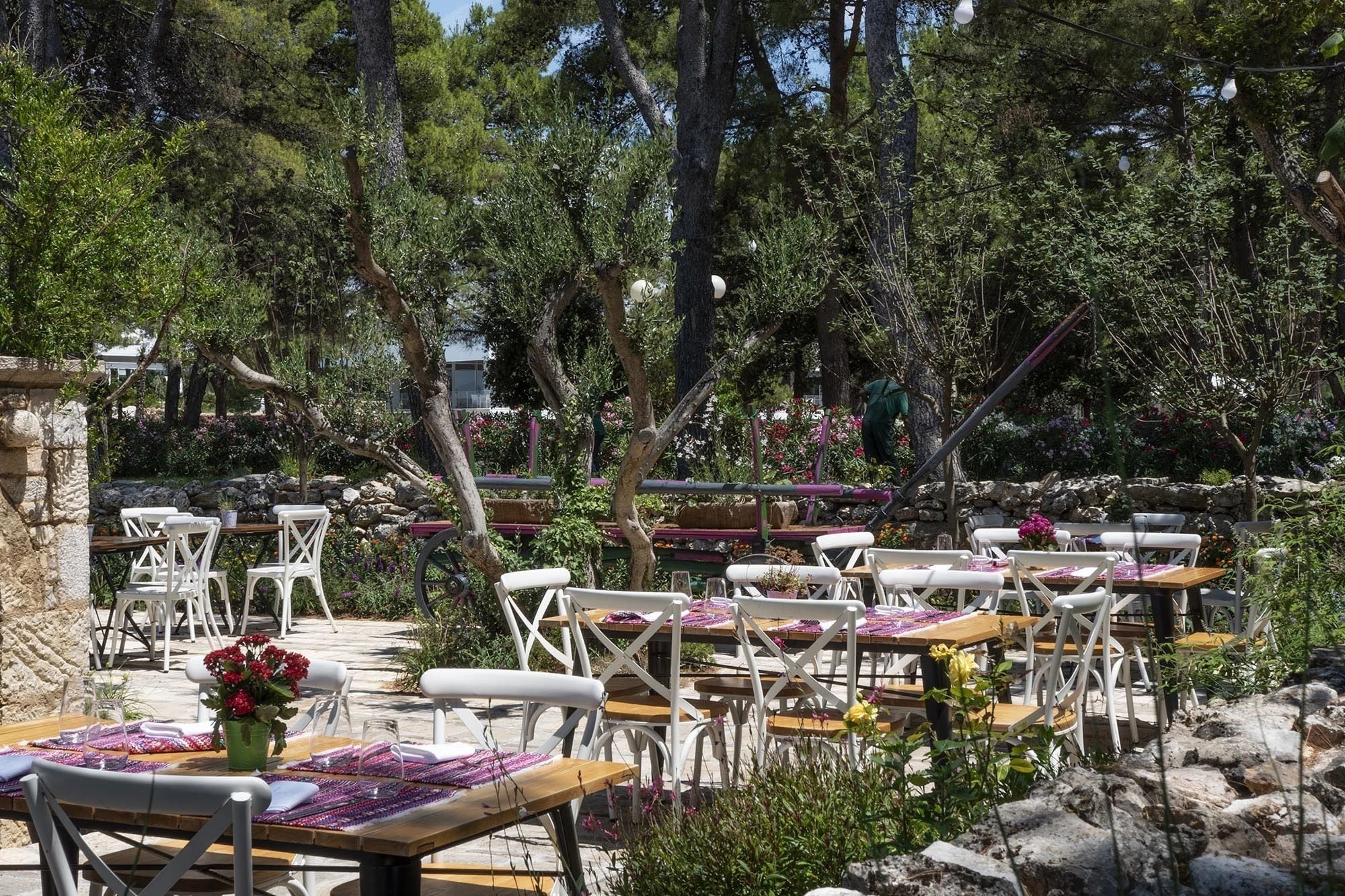 An outdoor dining area with white chairs and tables, surrounded by greenery and trees.