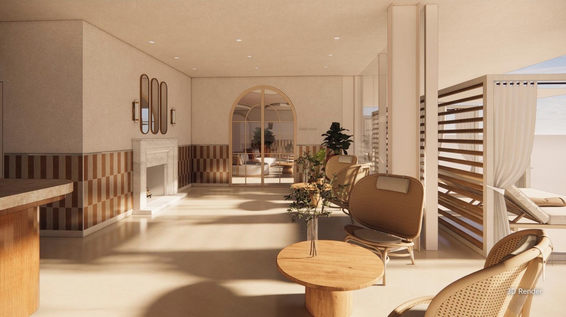 A spacious living area with a fireplace, seating, and a view of the outdoors.