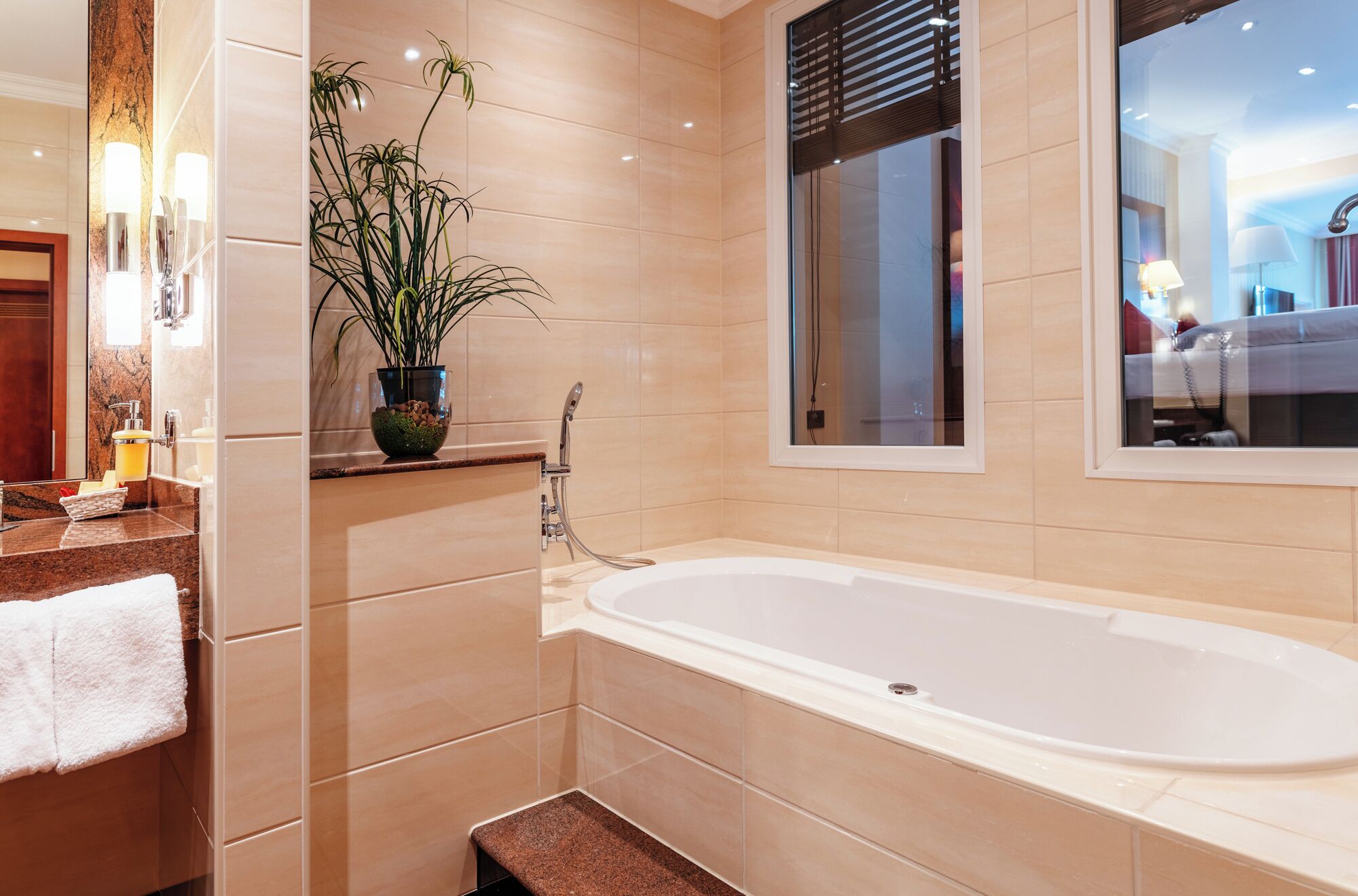 Un baño moderno con una bañera grande, una planta en maceta y un espejo.