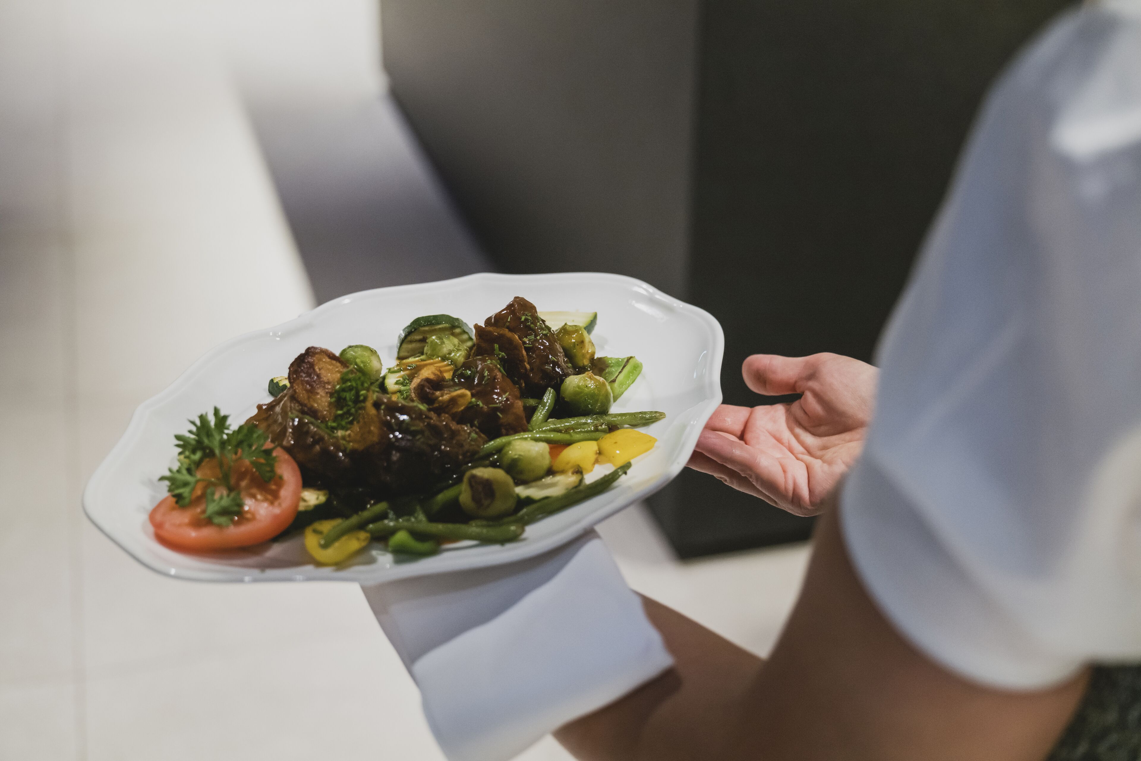A person holding a white plate with a meal consisting of meat, vegetables, and a garnish.