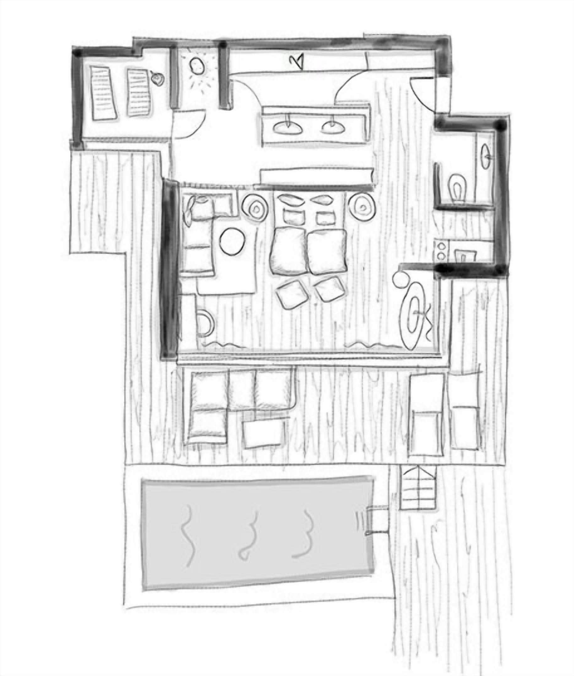 A floor plan of a house with a living room, kitchen, dining area, and a swimming pool.