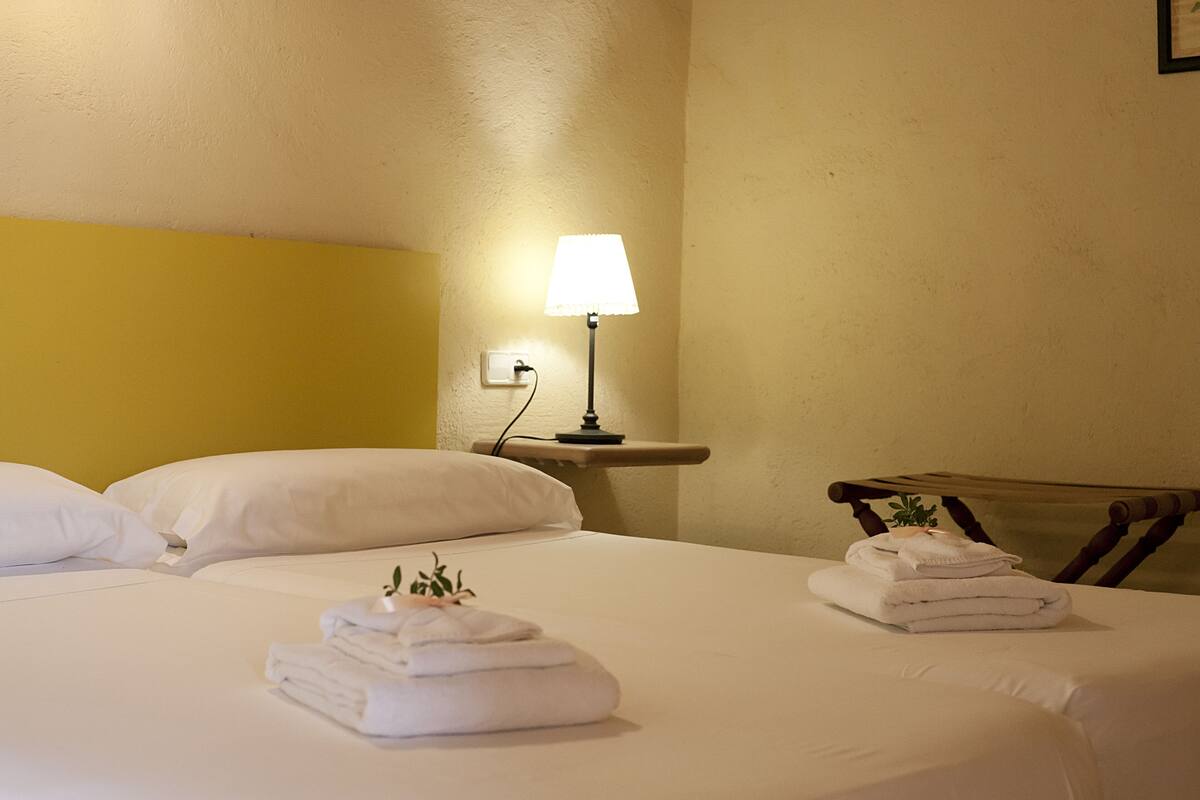 Une chambre d’hôtel avec deux lits, une lampe de chevet et des serviettes soigneusement pliées sur chaque lit.