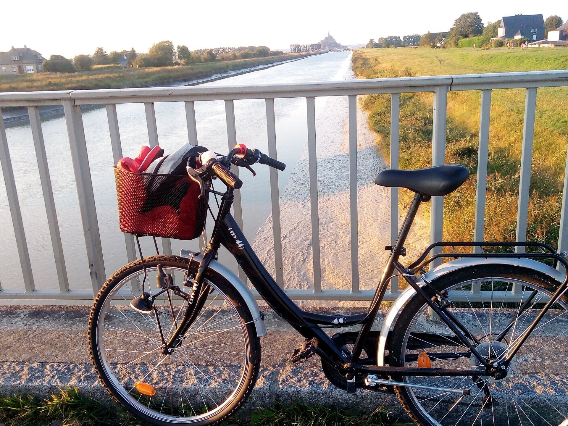 A bicycle parked by a river with a basket and a seat.