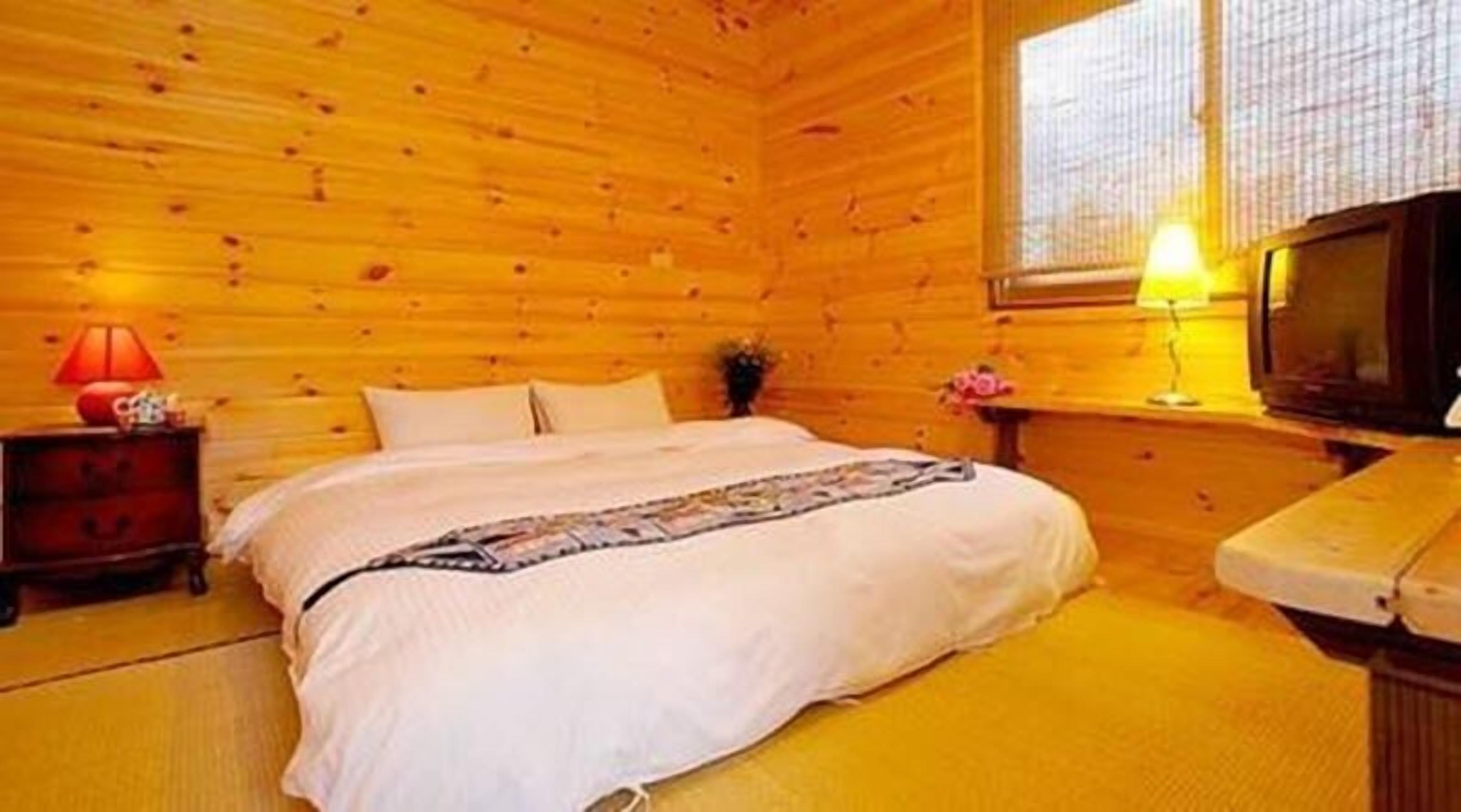 Una habitación tipo cabaña de madera con una cama, una mesita de noche con una lámpara y un televisor sobre un soporte de madera.