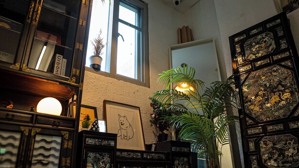 A room with a large window, a potted plant, and a decorative door. - YH GuestHouse - Hostel (Seoul)