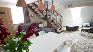 Family Room | Desk, blackout curtains, soundproofing, iron/ironing board