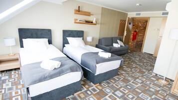 Desk, blackout drapes, soundproofing, iron/ironing board