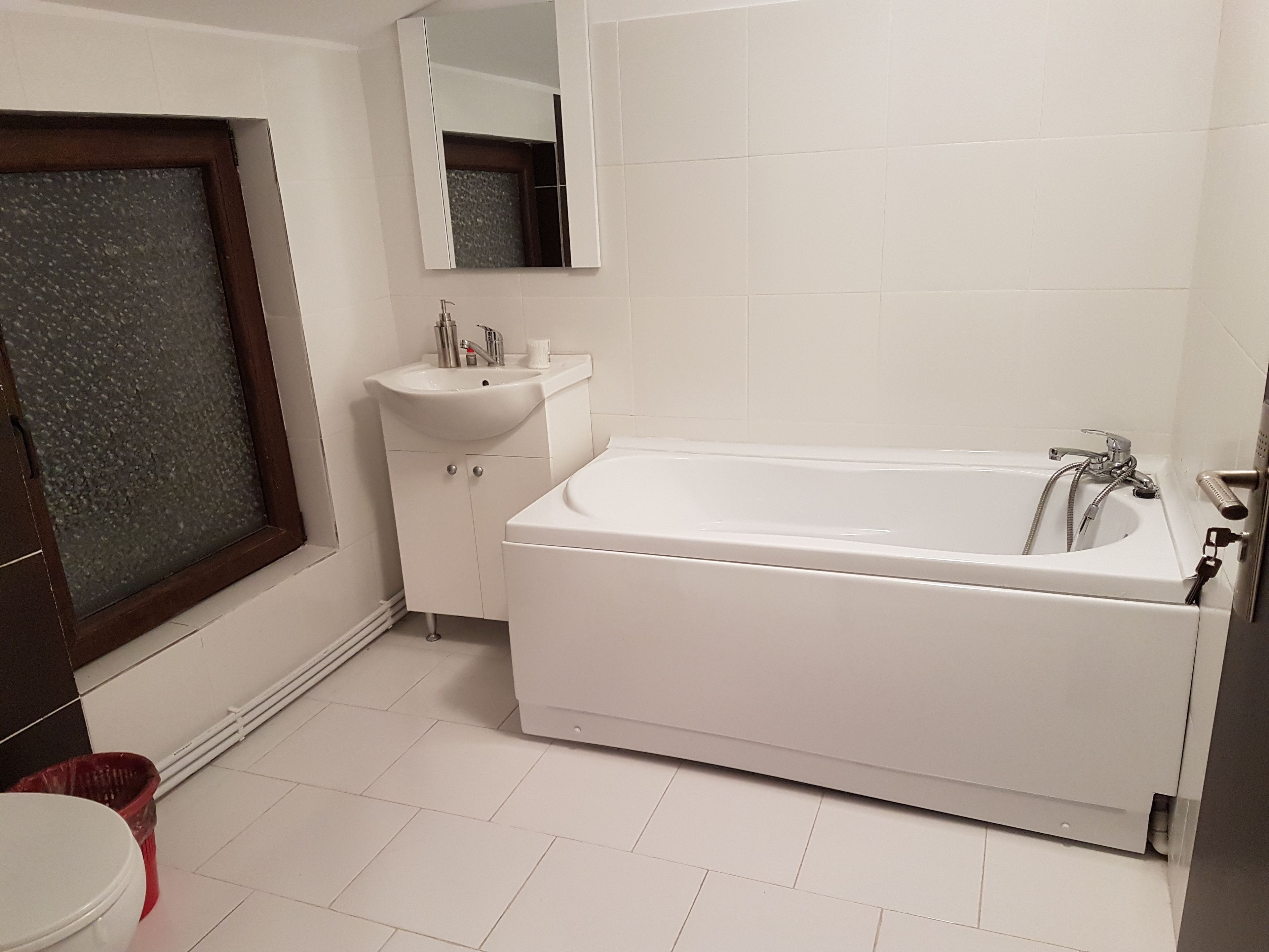 Une salle de bain avec une baignoire, un lavabo et un miroir.