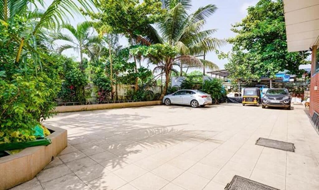 A paved parking area with a white car parked, surrounded by lush greenery and palm trees.