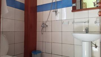 A bathroom with a toilet, a sink, and a shower.