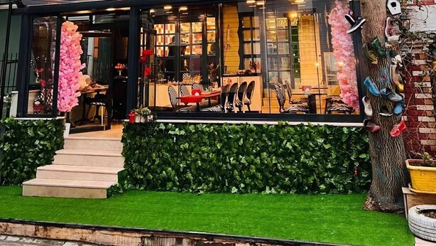 A multi-story building with a glass storefront, a staircase leading to the entrance, and a tree with shoes and birdhouses on it. - Apex Hotel (Istanbul)