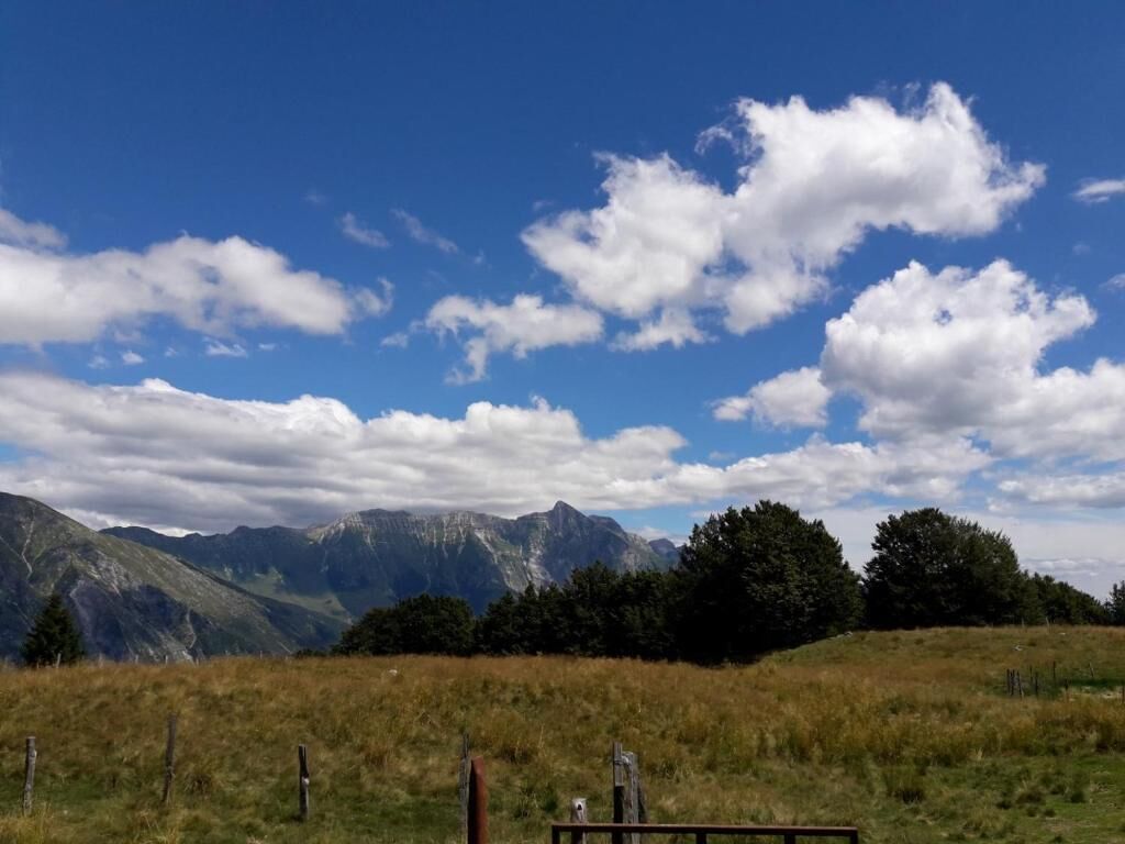 Een bergachtig landschap met heldere lucht en een grasveld op de voorgrond.