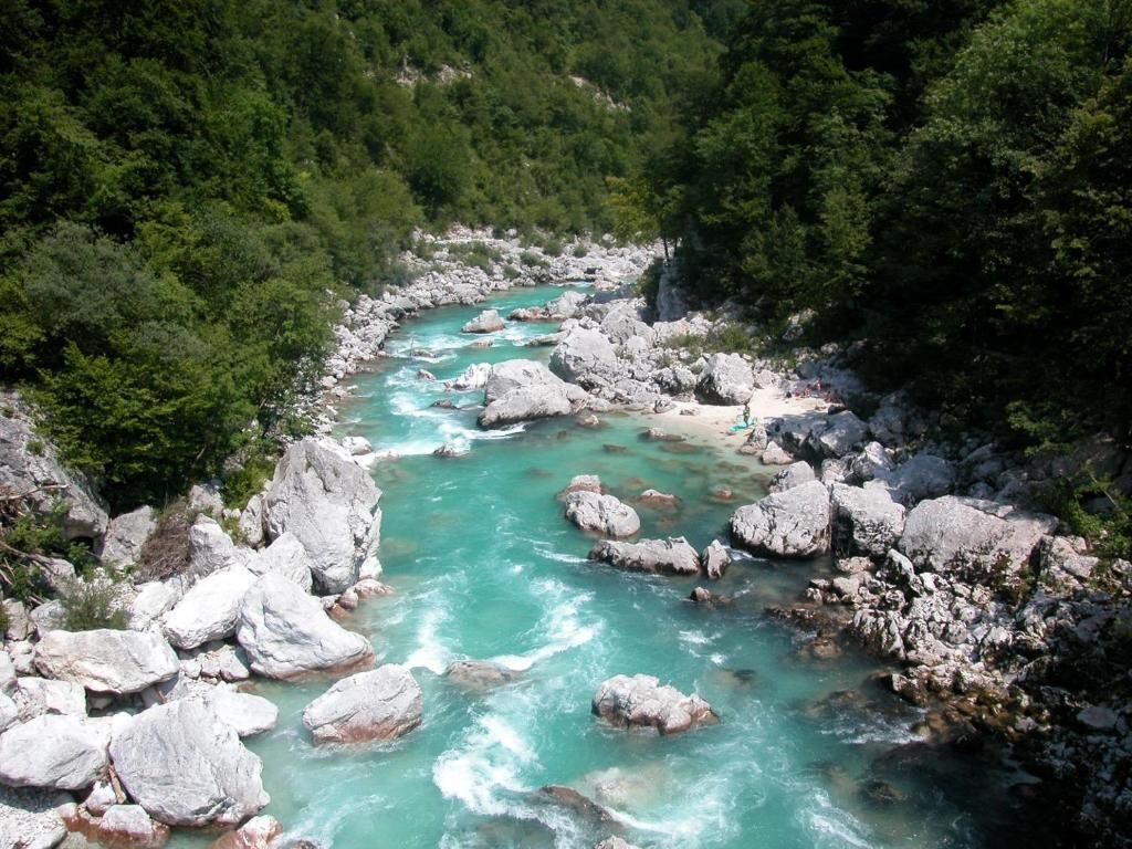 A river flowing through a rocky landscape with dense greenery on both sides.