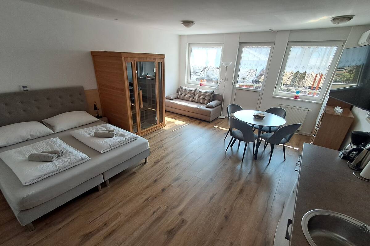 Comfort Apartment, Sauna, City View | Desk, laptop workspace, blackout drapes, soundproofing