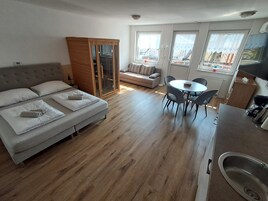 Apartamento Confort, sauna, vistas a la ciudad | Decoración individual, mobiliario individual, escritorio