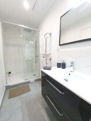 Douche, douche à « effet pluie », sèche-cheveux, serviettes fournies