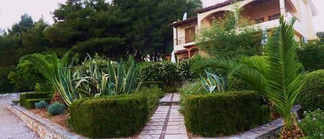 A building with a stone pathway leading to a gated entrance, surrounded by well-maintained hedges and tropical plants.
