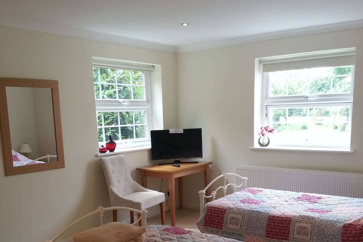 A bedroom with two beds, a desk, a chair, a television, and windows with views of greenery.