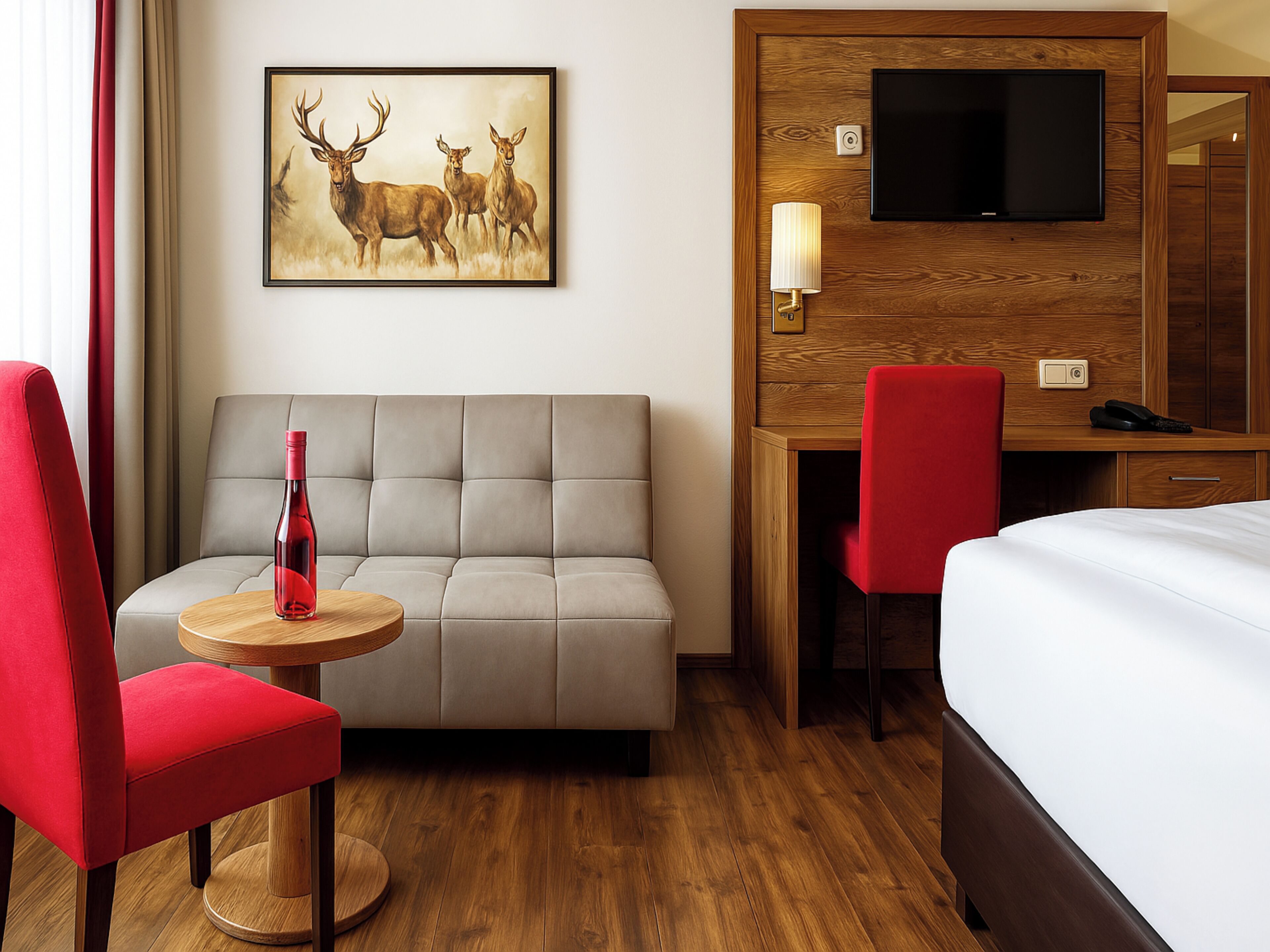 Ein Hotelzimmer mit einer Couch, einem roten Sessel, einem kleinen Tisch mit einer Flasche, einem Schreibtisch mit Stuhl, einem an einer Holzvertäfelung montierten Fernseher und einem Bett.