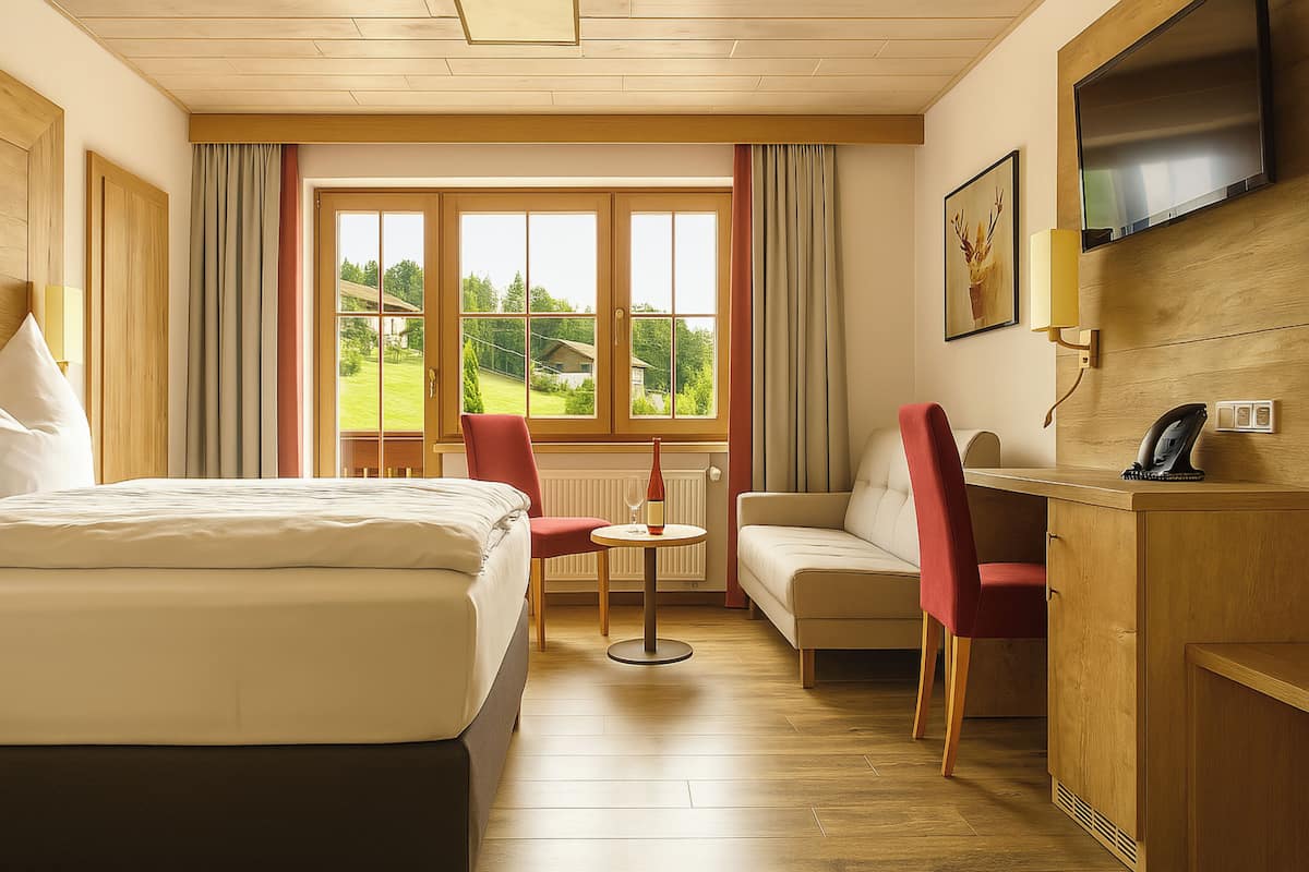 Une chambre d’hôtel avec un lit, une petite table ronde, un canapé et un téléviseur fixé au mur.