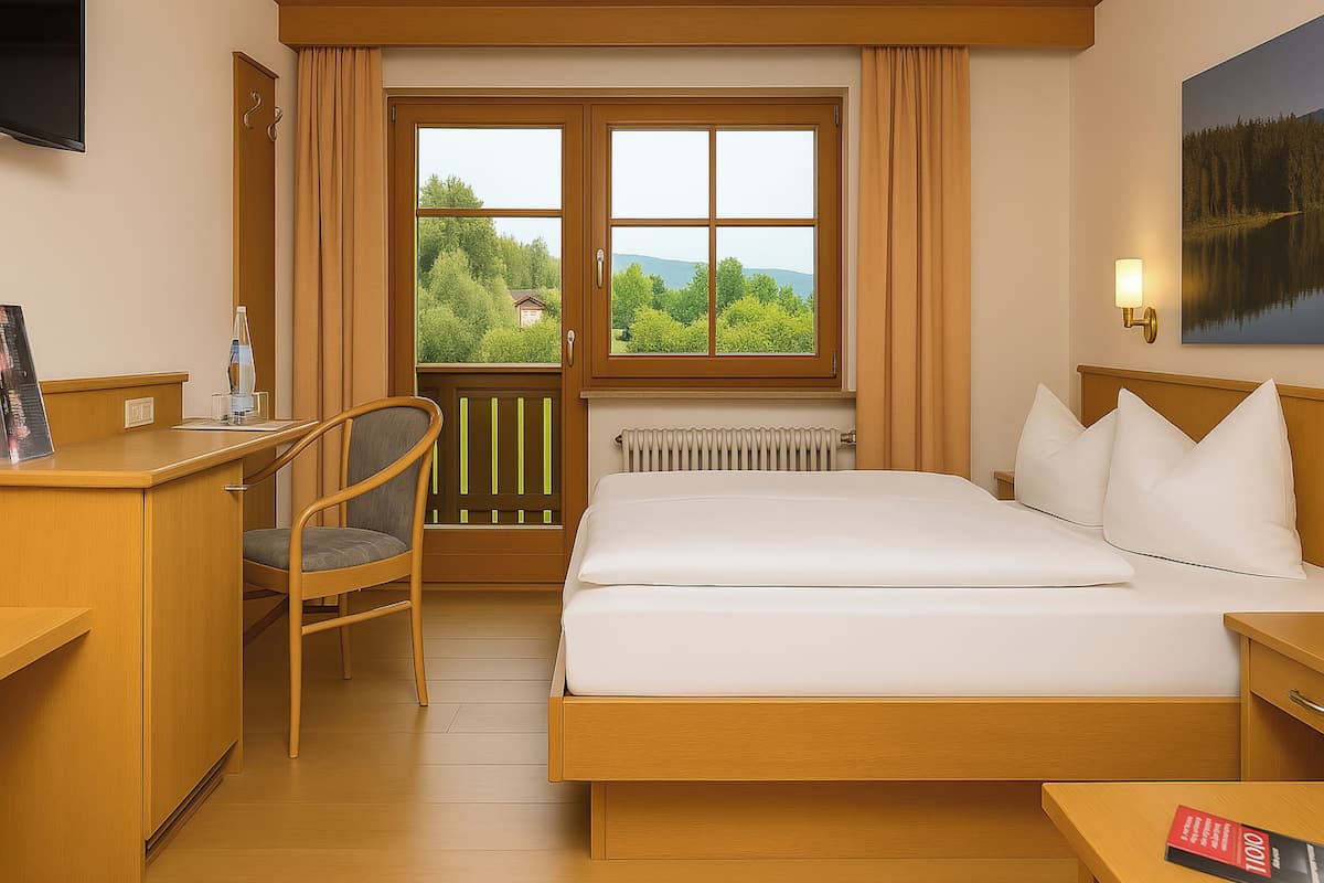 Une chambre d’hôtel équipée d’un lit, d’un bureau, d’une chaise et d’une fenêtre donnant sur un paysage verdoyant.