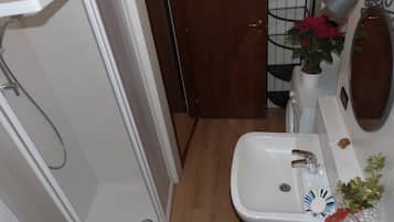 Een badkamer met een douche, wastafel en spiegel.