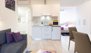 A compact living space with a kitchenette, a sofa, a dining area, and a bed.