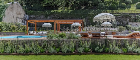 Seasonal outdoor pool, pool umbrellas, pool loungers