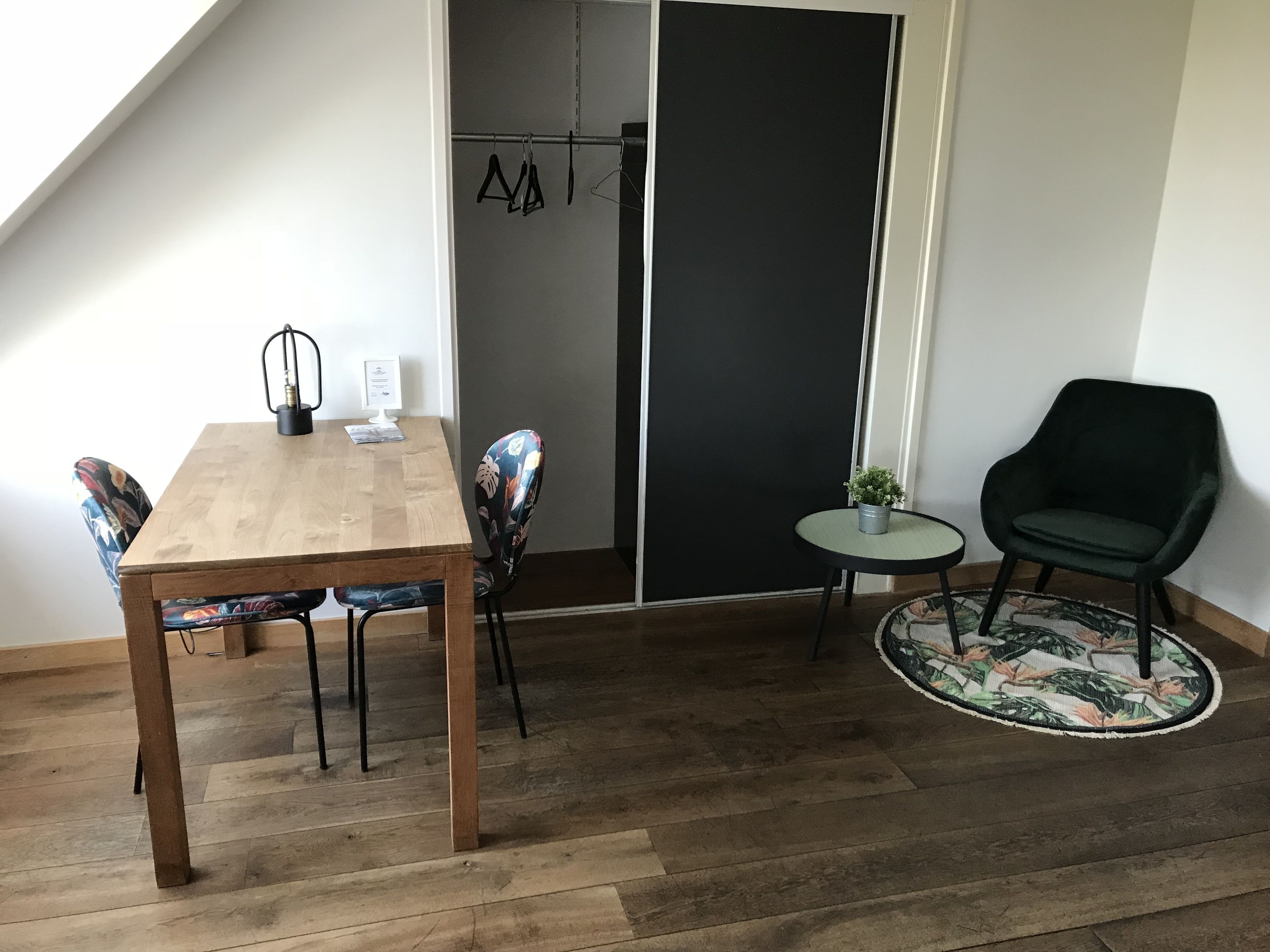 A room with a wooden dining table, two chairs, a small side table with a plant, a black chair, and a sliding door closet.