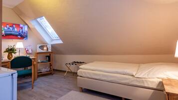 A small, cozy room with a loft bed, a desk with a chair, a TV mounted on the wall, and a skylight.