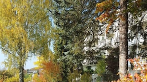 Un parc avec des arbres, une pelouse et des chaises longues blanches.