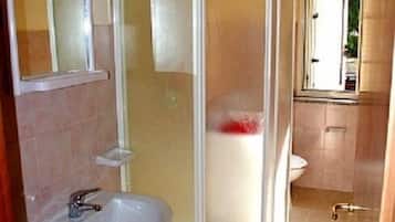 Shower, rainfall showerhead, bidet, towels