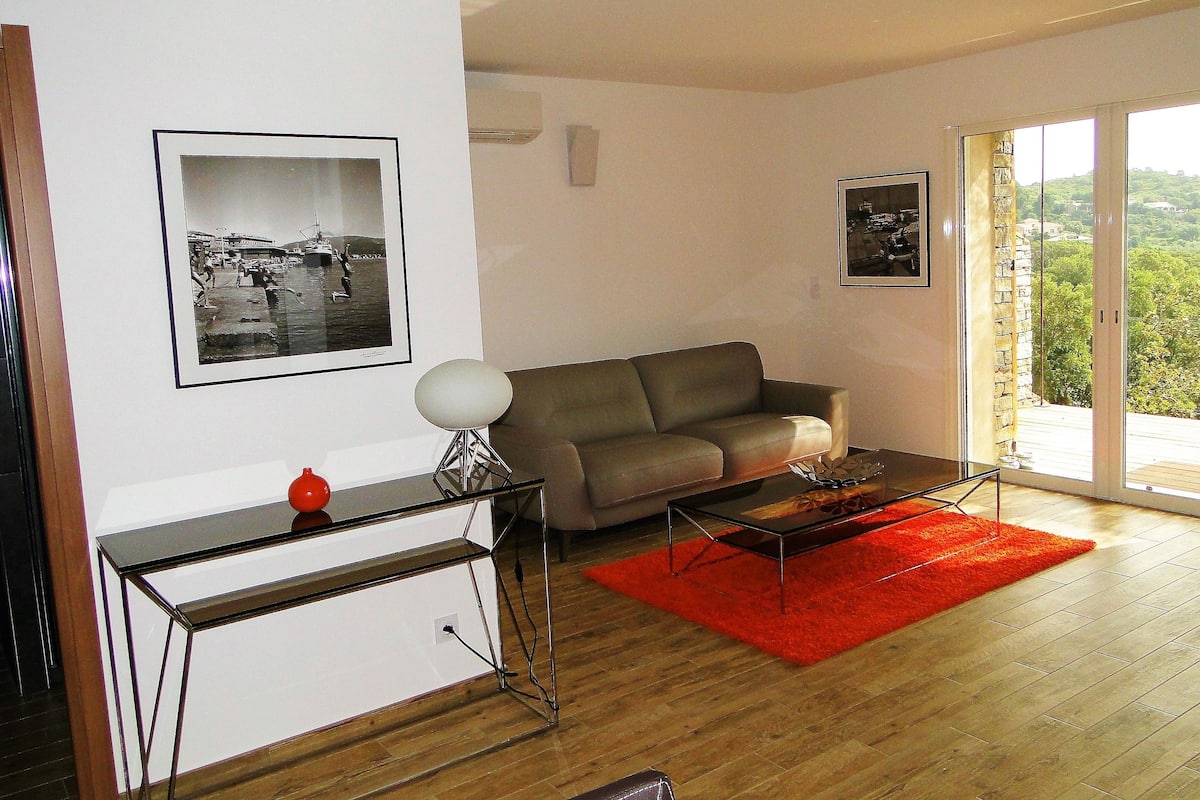 A modern living room with a sofa, a coffee table, and a red rug. There are two framed pictures on the wall, and a window with a view of greenery.