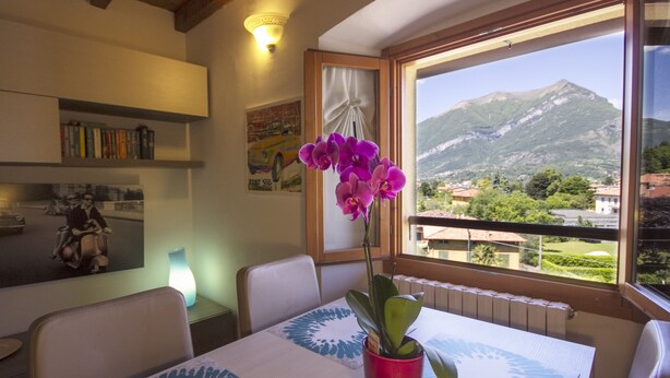 Un coin repas comprenant une table, des chaises, un vase avec des fleurs, une étagère avec des livres, un luminaire fixé au mur et une fenêtre donnant sur la montagne.