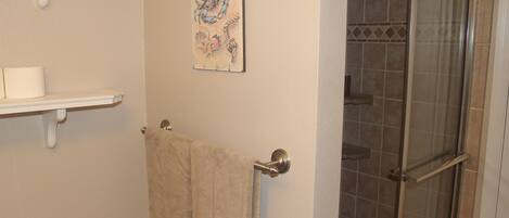 Ein Badezimmer mit Dusche, Handtuchhalter und Ablage mit Handtuch.