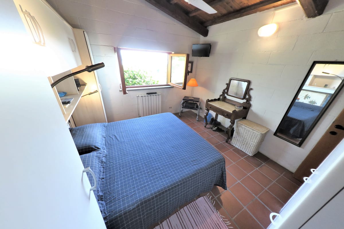 Une petite chambre bien éclairée, avec un lit, un bureau doté d’un miroir, une fenêtre et un ventilateur de plafond.