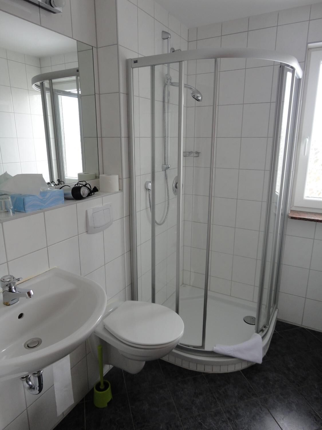 A modern bathroom with a glass-enclosed shower, a white sink, and a toilet.