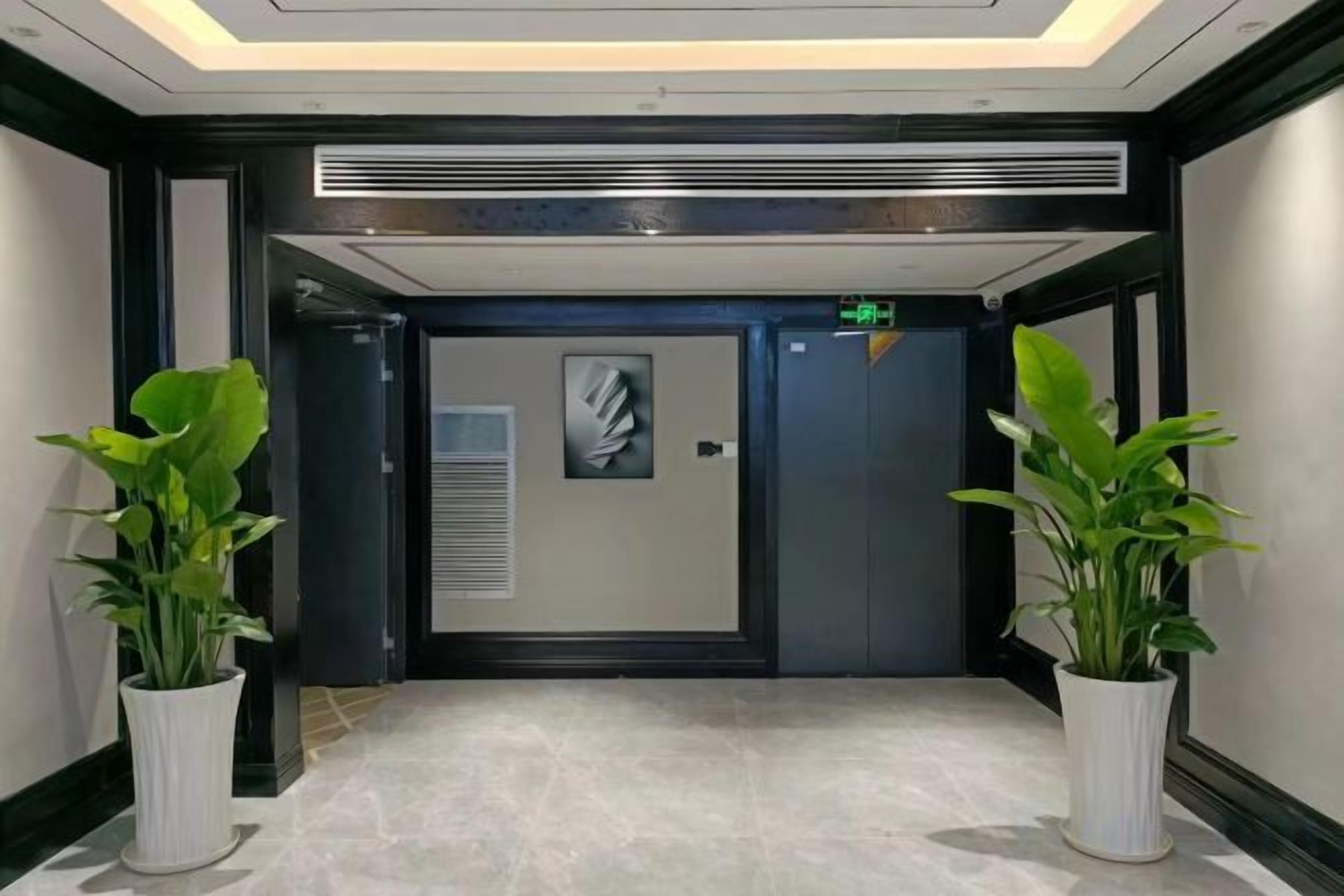 A hallway with a door, potted plants, and a ceiling light fixture.
