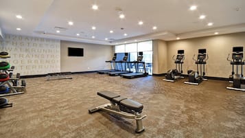 A gym with treadmills, a bench, and various weights.