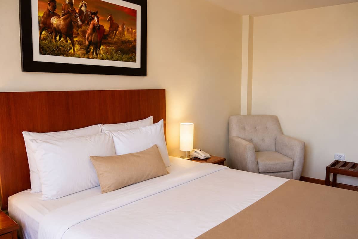 A hotel room with a large bed, a headboard, a chair, a nightstand, a lamp, and a painting of horses.