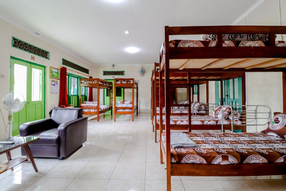Una habitación de hotel con literas, un sofá y un ventilador.