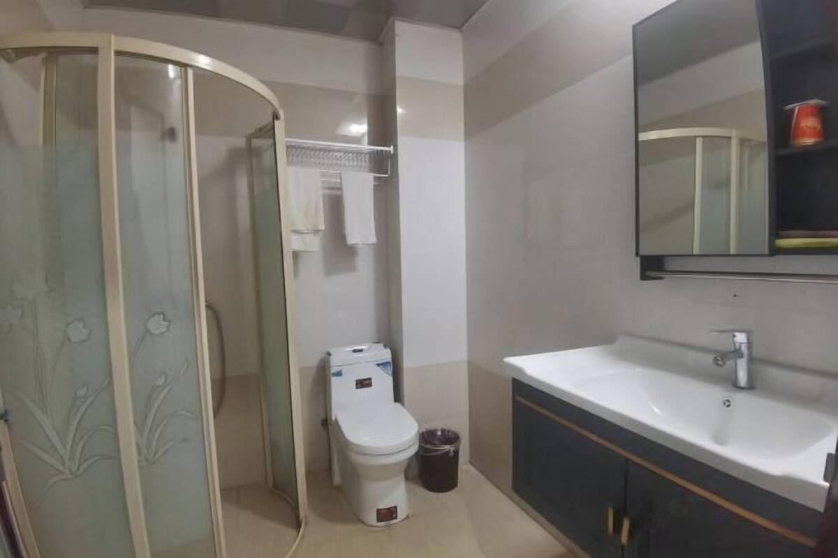 A bathroom with a glass shower enclosure, a toilet, a sink, and a mirror.