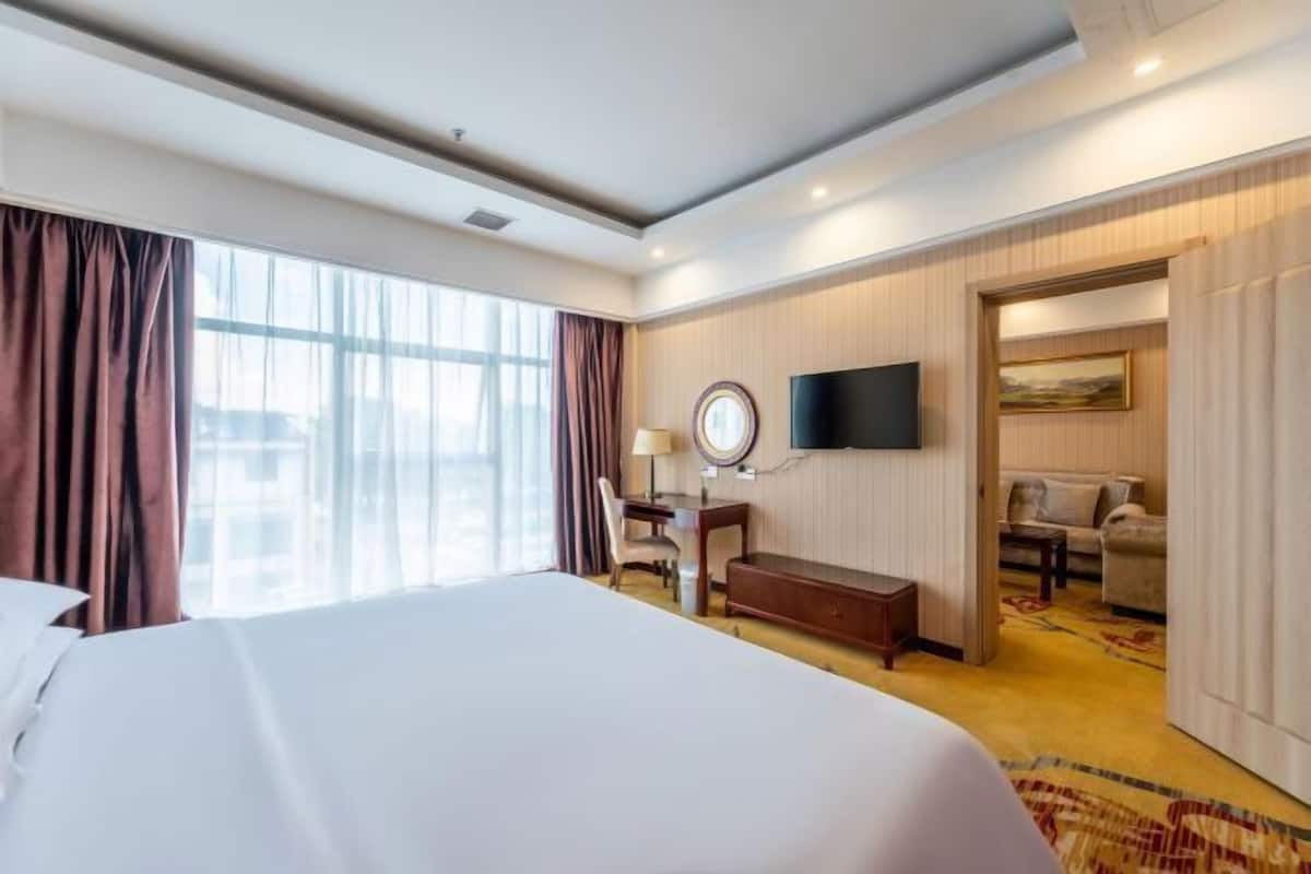 A hotel room with a large bed, a desk with a chair, a TV mounted on the wall, and a view of the city through the window.