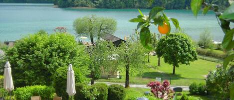 A lakeside view with outdoor seating and a view of the lake.