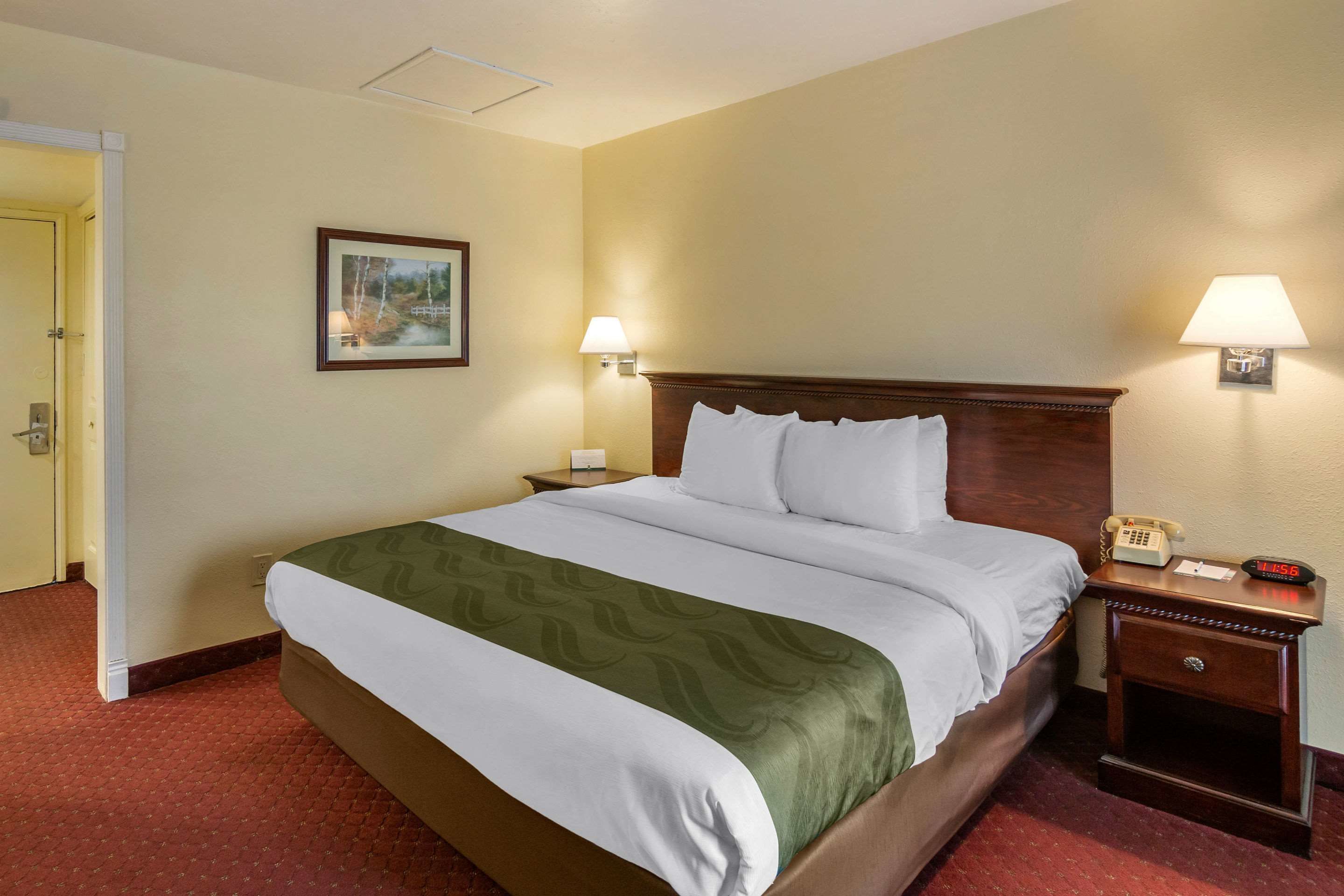 Habitación de hotel con una cama grande, dos lámparas de noche, una mesita de noche con un teléfono y un cuadro en la pared.