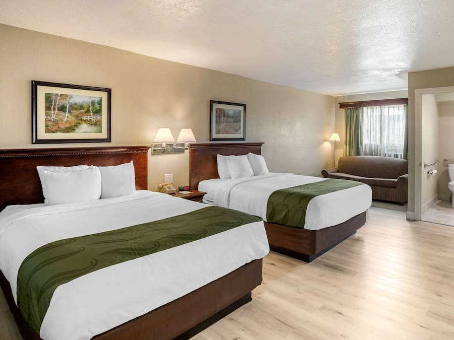 Standard Room, 2 Queen Beds, Non Smoking | Desk, laptop workspace, blackout drapes, iron/ironing board