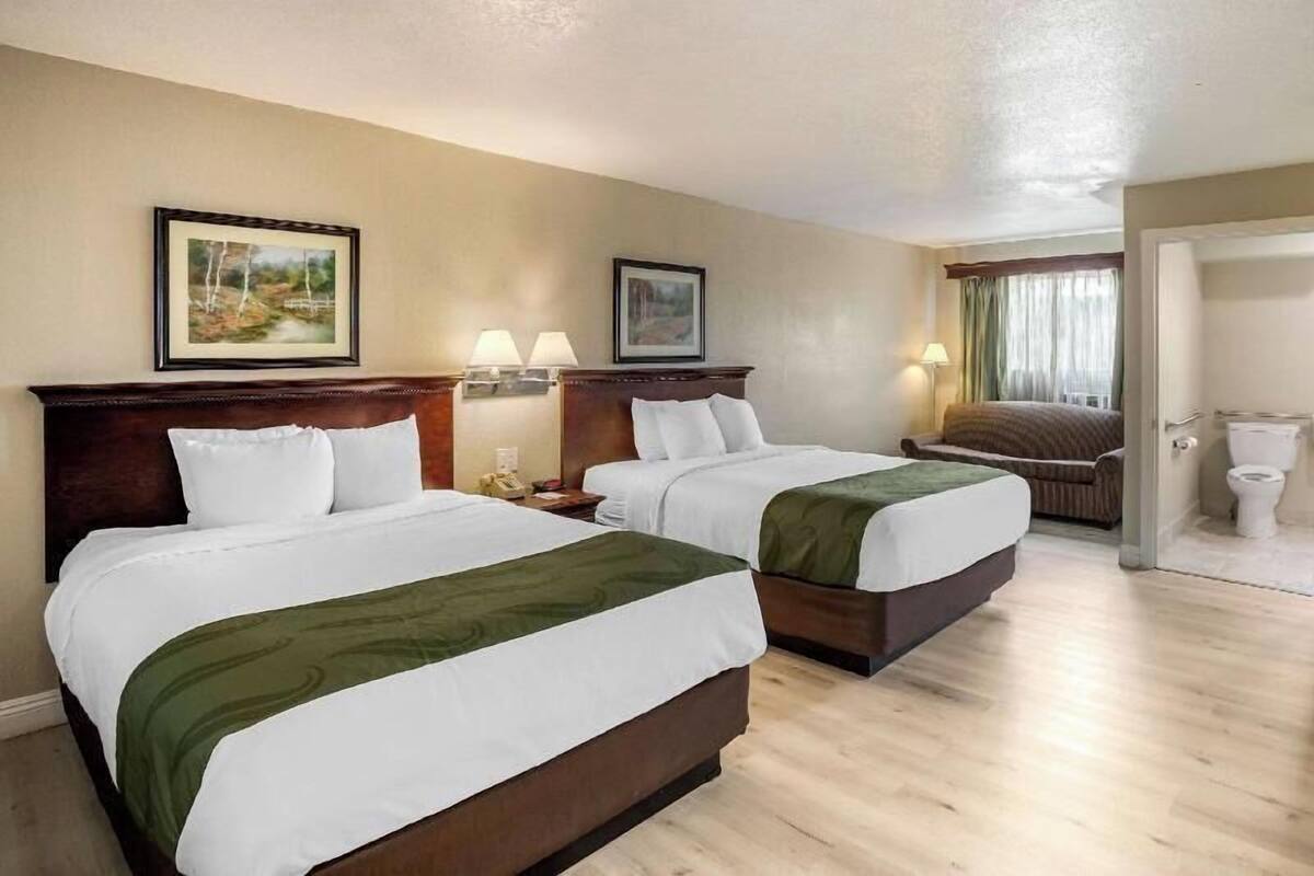 Une chambre d’hôtel avec deux lits, une tête de lit en bois, une table de chevet, deux lampes fixées au mur et un tableau encadré accroché au mur.